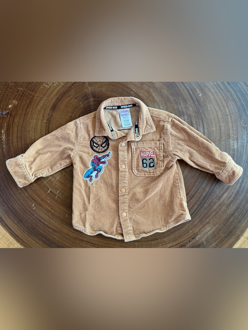 Marvel Kids 18M Corduroy Button-Front Shirt Jacket - Tan with Spider-Man Patches